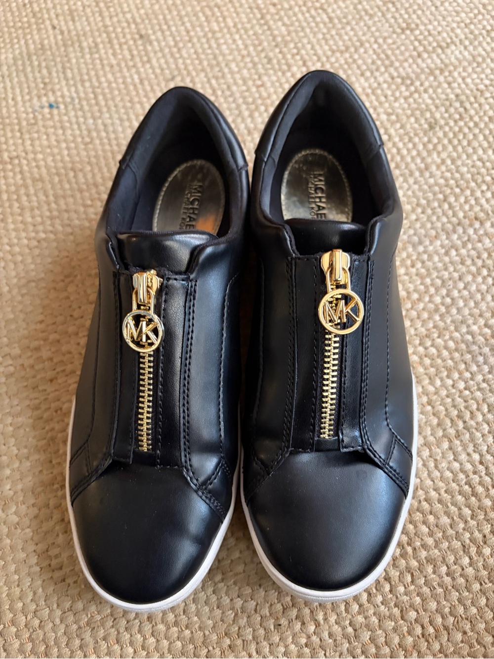 Michael Kors Black Leather Slip-On Sneakers with Gold Zipper